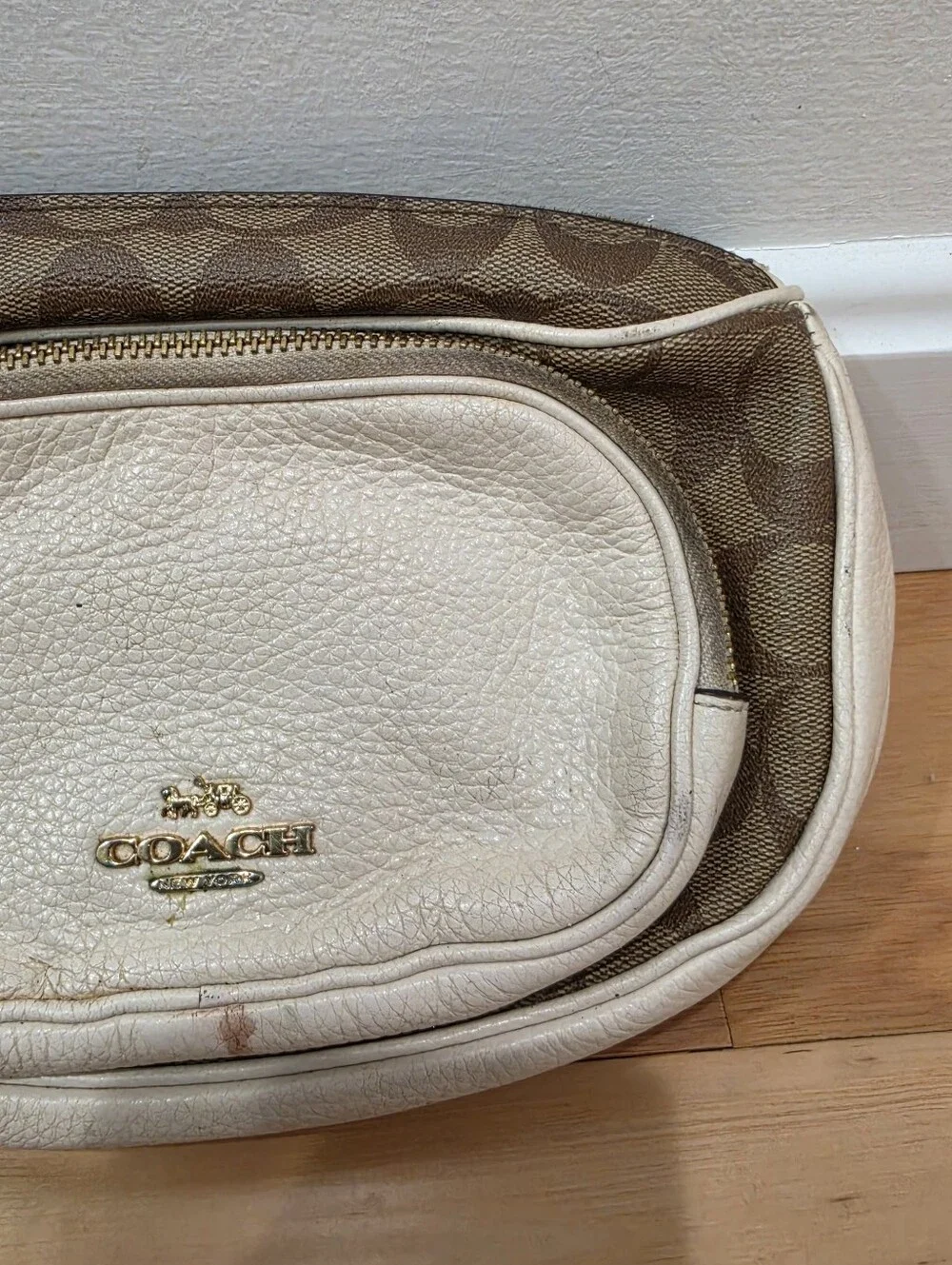Coach Beige And Brown Leather Signature Logo Belt Bag Flaws As Pictured